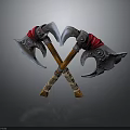 Ornate Crossed Battle Axes With Red Straps Wooden Handles Silver Blades