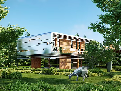 Modern Detached Villa With Metal and Wooden Exterior Surrounded by Greenery Lawn and Animal Sculpture 3d model