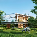 Modern Detached Villa With Metal and Wooden Exterior Surrounded by Greenery Lawn and Animal Sculpture