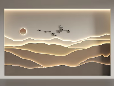 Modern Feature Wall with Wavy Lines Lighting Effect Circular Sun Pattern and Flying Birds 3d model