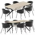 Modern Light Wood Dining Table Set With Rectangular Top And Six Black Fabric Chairs 3d model