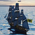 Tall Sailing Ship With Gray Sails Red Black Hull On Blue Ocean Clear Sky