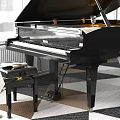 Elegant Room with Musical Instruments Art Supplies Grand Piano Wicker Chairs and Geometric Floor