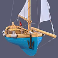 Sailboat With Blue Hull White Sails Wooden Mast Red Flag And White Items On Deck