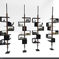 Modern Multi Tiered Display Cabinets With Metal Frame Wooden Shelves And Decorative Items