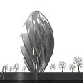Modern Cultural Center Building With Spiral White Lines And Illuminated Interior Surrounded by Trees