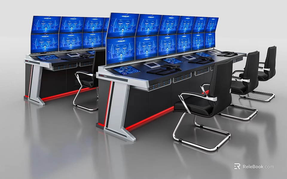 Functional Control Desk With Multiple Blue Monitors And Office Chairs Workstation 3d model 
