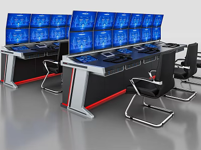 Functional Control Desk With Multiple Blue Monitors And Office Chairs Workstation 3d model