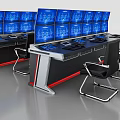 Functional Control Desk With Multiple Blue Monitors And Office Chairs Workstation 3d model
