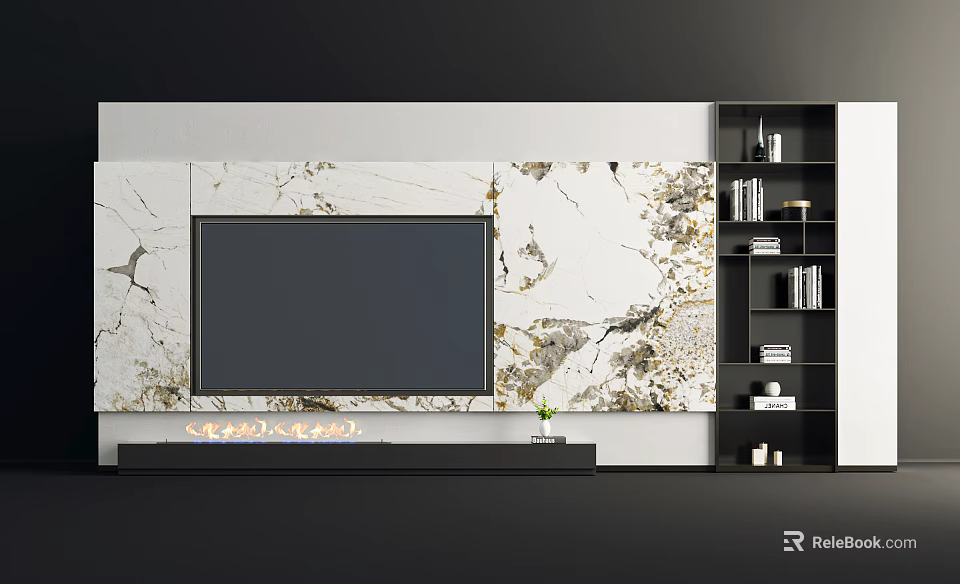 Modern TV Background Wall With Marble Pattern And Decorative Floating Shelves 3d model