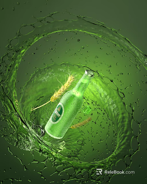 Green Beer Bottle With Splashing Water And Wheat Ears Visual Effect 3d model 