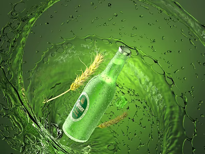 Green Beer Bottle With Splashing Water And Wheat Ears Visual Effect 3d model