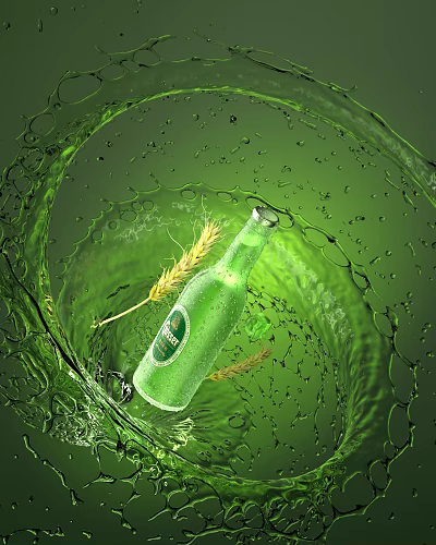 Green Beer Bottle With Splashing Water And Wheat Ears Visual Effect 3d model Green Beer Bottle With Splashing Water And Wheat Ears Visual Effect 3d model