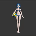 Anime Style Game Character With Blue Hair In Polka Dot Bikini Holding Colorful Beach Ball