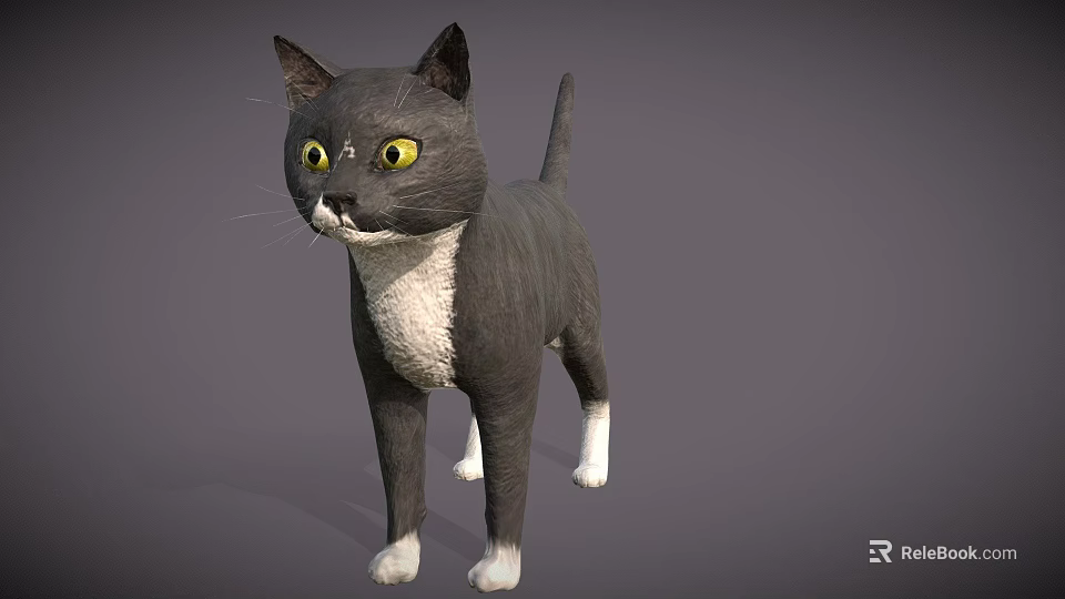 Gray And White Cat With Yellow Eyes In Standing Alert Stance 3d model 
