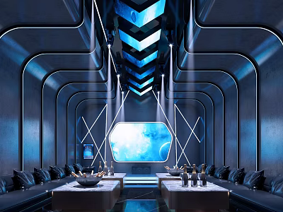 Modern Futuristic KTV Interior Design With Blue Lighting Curved Seats And Large Screen 3d model