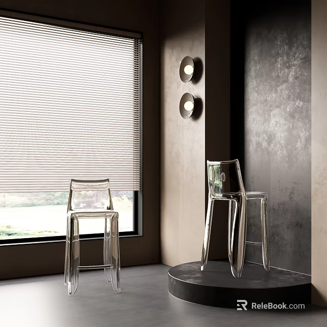 Modern Transparent Dining Table And Chairs With Window And Round Wall Lamps 3d model 