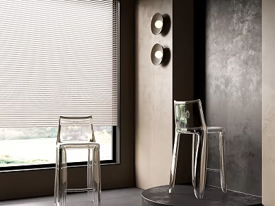 Modern Transparent Dining Table And Chairs With Window And Round Wall Lamps 3d model