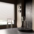 Modern Transparent Dining Table And Chairs With Window And Round Wall Lamps