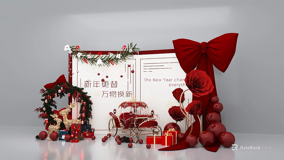 New Year Photo Check-in Spot with Big Red Bow Roses Gift Boxes and Christmas Decorations 3d model 