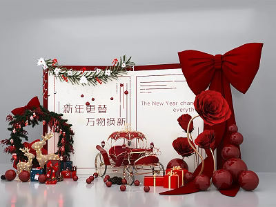 New Year Photo Check-in Spot with Big Red Bow Roses Gift Boxes and Christmas Decorations 3d model