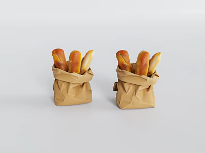 Two Paper Bags Filled With Fresh Golden Baguettes On White Background 3d model