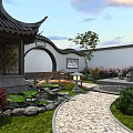 Chinese Style Garden View Through Circular Archway With Pavilion Small Bridge And Stone Path
