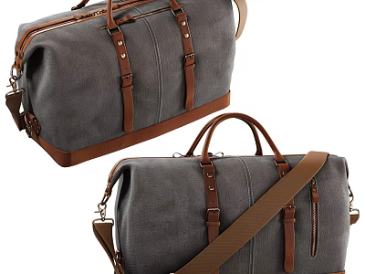 Gray Canvas Duffel Bags With Brown Leather Straps And Handles For Travel Use 3d model
