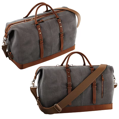 Gray Canvas Duffel Bags With Brown Leather Straps And Handles For Travel Use 3d model