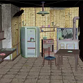 Cartoon Kitchen Scene With Yellow Wood Patterned Walls Vintage Refrigerator And Wooden Table