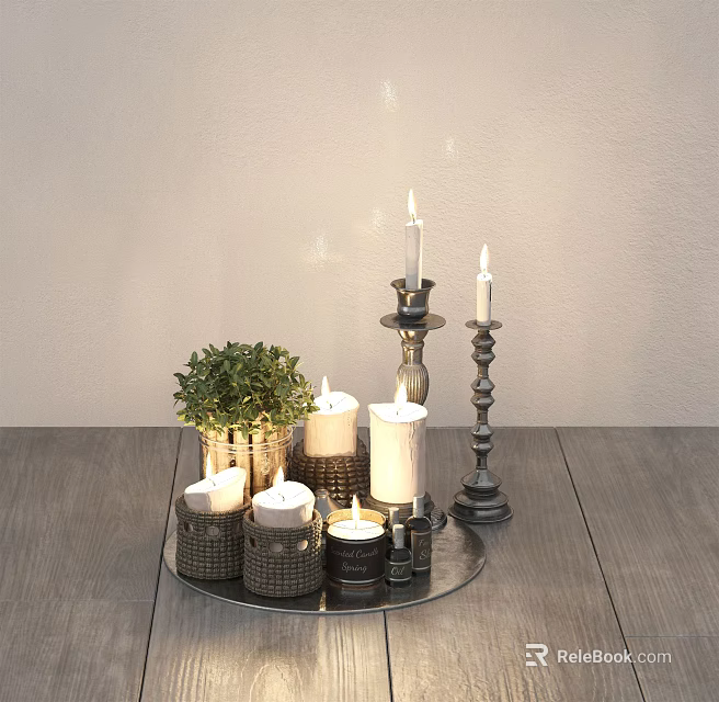 Candle Lamp Setup With Multiple Candles Green Plant On Wooden Tabletop Light Colored Wall 3d model 