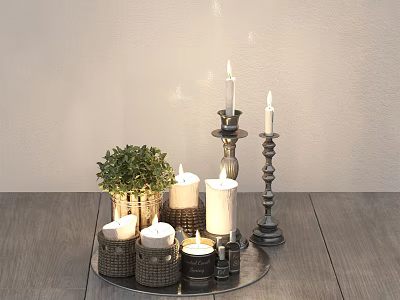 Candle Lamp Setup With Multiple Candles Green Plant On Wooden Tabletop Light Colored Wall 3d model