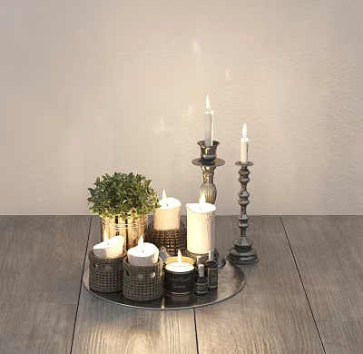 Candle Lamp Setup With Multiple Candles Green Plant On Wooden Tabletop Light Colored Wall 3d model