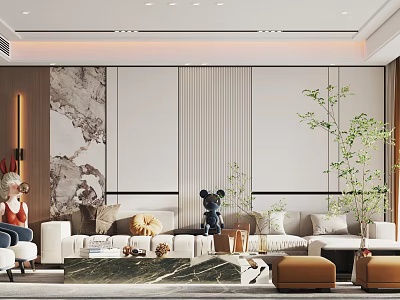 Modern Living And Dining Room With Sofa Coffee Table Green Plants And Wall Art 3d model