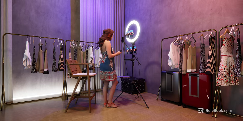 Projection Monitoring System For Live Clothing Streaming With Female Host And Ring Light 3d model 