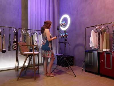 Projection Monitoring System For Live Clothing Streaming With Female Host And Ring Light 3d model