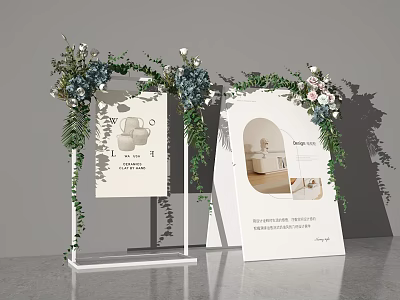 Elegant Floral Display with Stand Vines Fresh Greenery Pink White Flowers and Decorative Posters 3d model