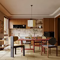 Cozy Restaurant Interior With Wooden Cabinets Stone Accent Wall Red Dining Table Colorful Chairs And Pendant Light