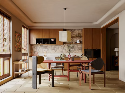 Cozy Restaurant Interior With Wooden Cabinets Stone Accent Wall Red Dining Table Colorful Chairs And Pendant Light 3d model