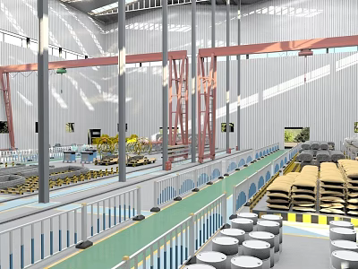 Industrial Factory Building Components Featuring Metal Columns Red Cranes And Conveyor Belts 3d model