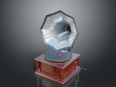 Vintage Phonograph With Metal Horn Wooden Base Crank Handle And Turntable 3d model