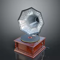 Vintage Phonograph With Metal Horn Wooden Base Crank Handle And Turntable