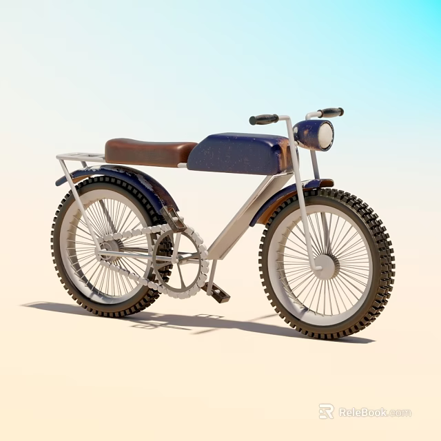 Vintage Retro Bicycle With Brown Seat Blue Frame Round Headlight Rear Rack And Large Tires 3d model 