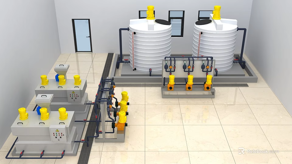 Industrial Equipment Facility With Large White Storage Tanks Yellow Pumps And Integrated Piping System 3d model 
