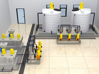 Industrial Equipment Facility With Large White Storage Tanks Yellow Pumps And Integrated Piping System 3d model
