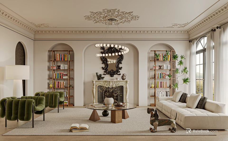 Elegant Living Room Interior With Green Armchairs Bookshelves Fireplace Chandelier And Beige Sofa 3d model 