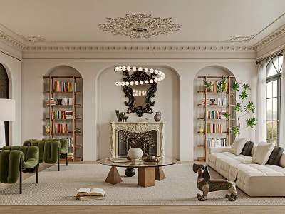 Elegant Living Room Interior With Green Armchairs Bookshelves Fireplace Chandelier And Beige Sofa 3d model