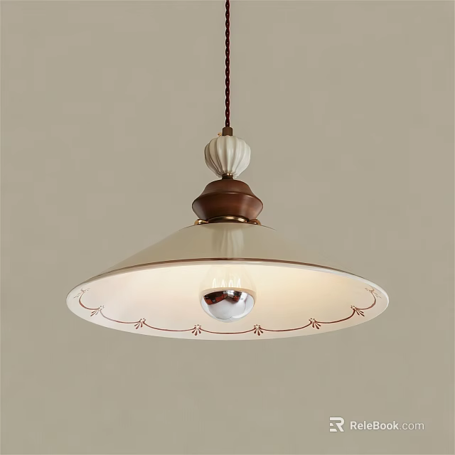 Elegant Pendant Light With White Lampshade Red Floral Patterns And Brown Top 3d model 