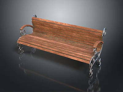 Classic Wooden Bench Furniture With Slatted Seat Ornate Metal Legs And Armrests 3d model