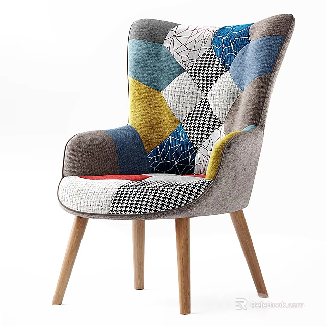 Colorful Patchwork Leisure Chair With Geometric Patterns And Wooden Legs 3d model 